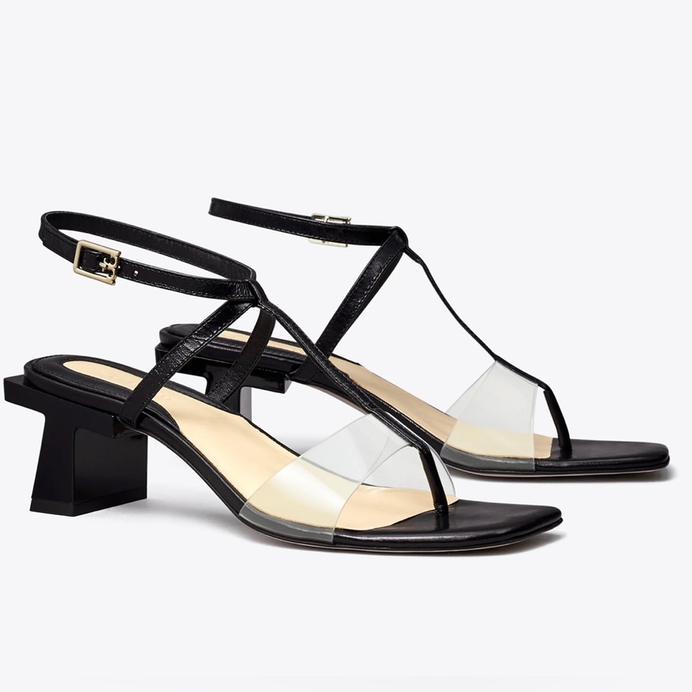 Tory Burch Block T Heel Strappy Sandals size 7 Black